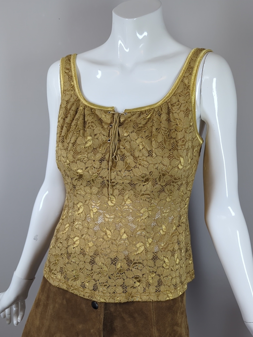 Vintage 90s Gold Lace Tank Top with Tie Front Pose Size Medium
